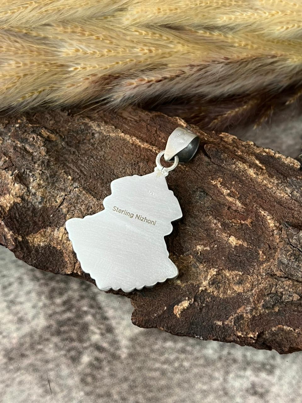 Handmade Sterling Silver Kingman with Orange Mojave Pendant "Signed Nizhoni"