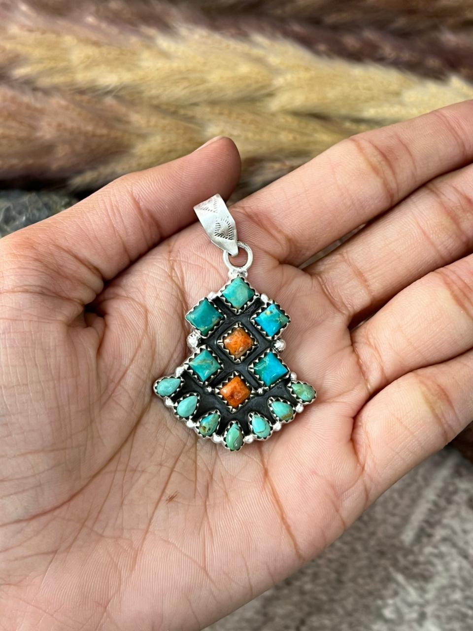 Handmade Sterling Silver Kingman with Orange Mojave Pendant "Signed Nizhoni"