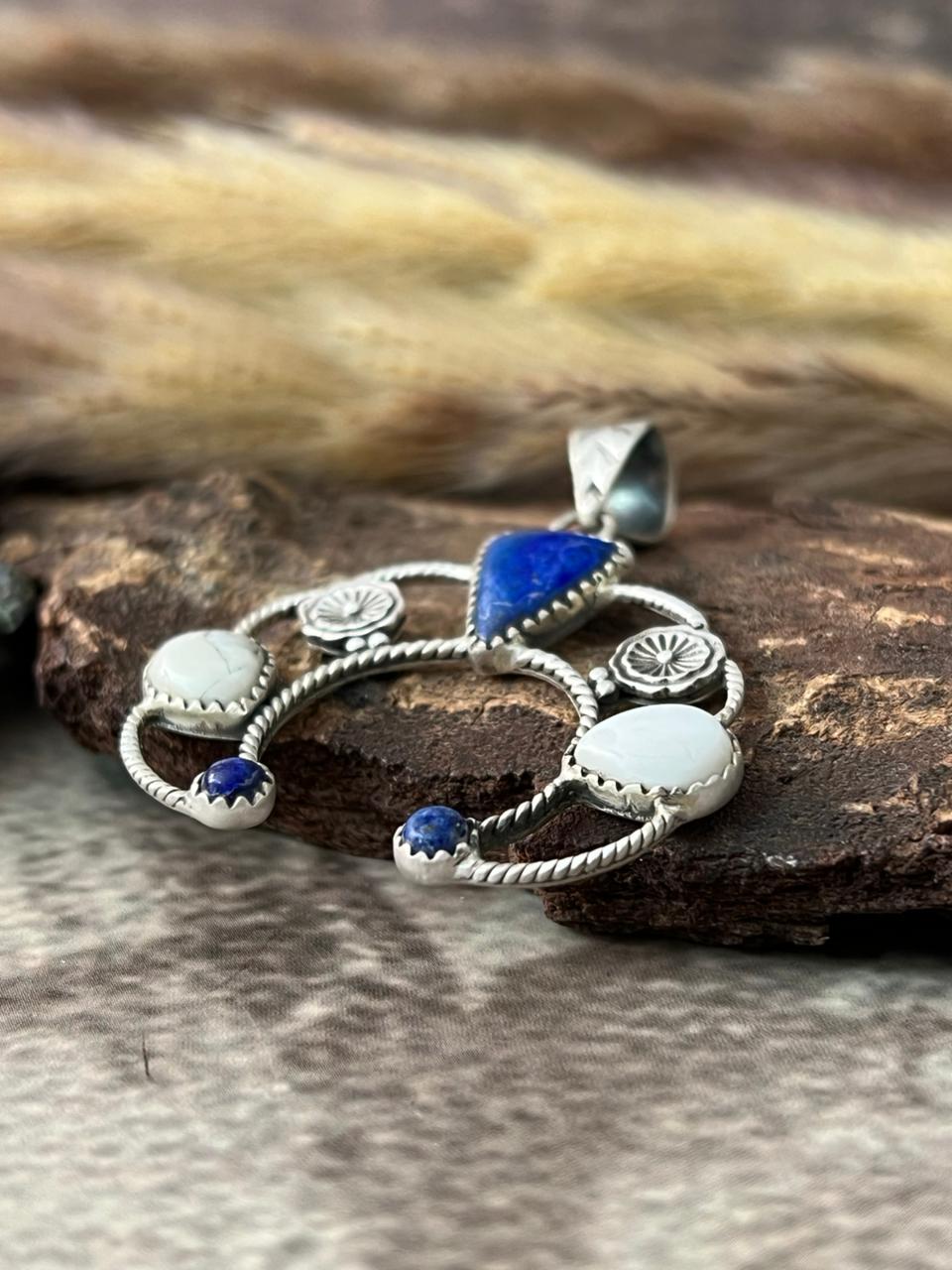 Handmade Sterling Silver Lapis with White Buffalo Pendant "Signed Nizhoni"