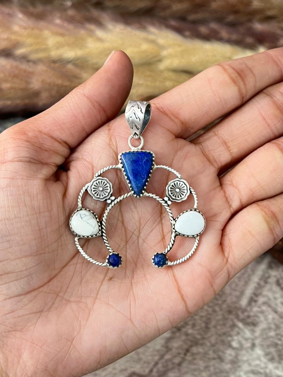 Handmade Sterling Silver Lapis with White Buffalo Pendant "Signed Nizhoni"