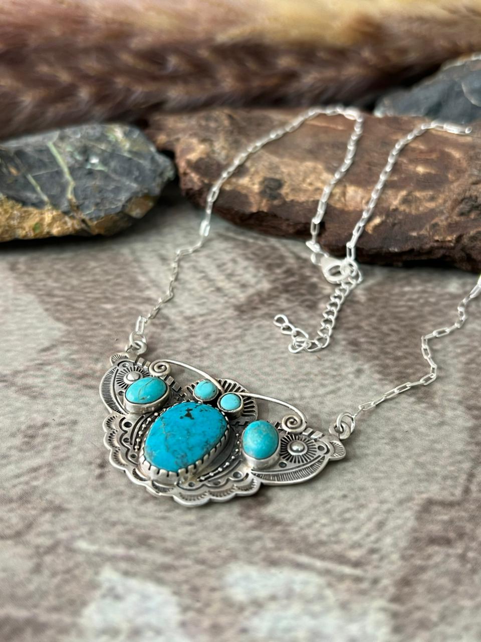 Handmade Sterling Silver Kingman Turquoise Necklace "Signed Nizhoni"