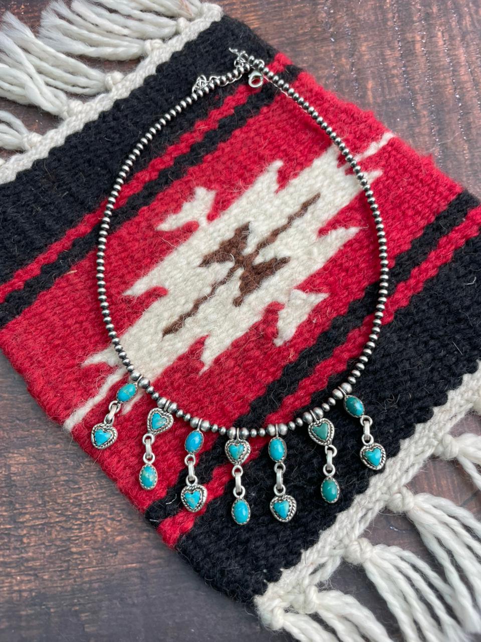 Handmade Sterling Silver Kingman Turquoise Bedaed Necklace "Signed Nizhoni"