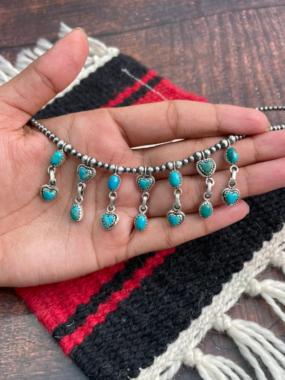 Handmade Sterling Silver Kingman Turquoise Bedaed Necklace "Signed Nizhoni"