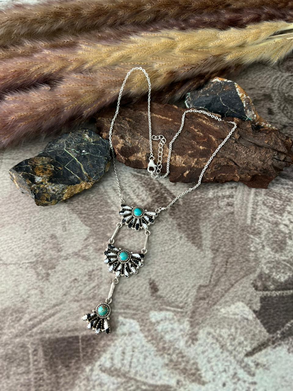 Handmade Sterling Silver White Buffalo with Kingman Turquoise Necklace "Signed Nizhoni"