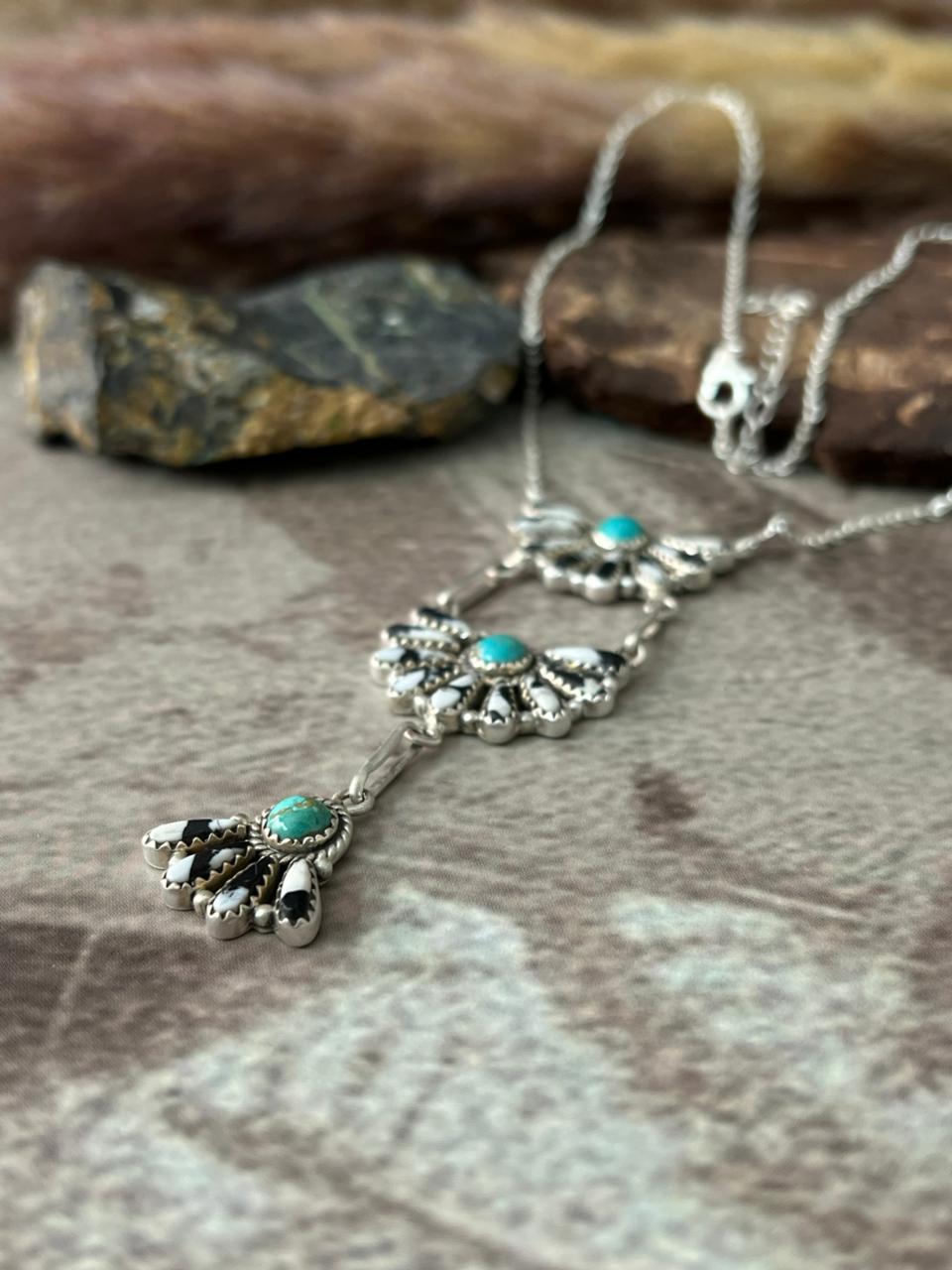 Handmade Sterling Silver White Buffalo with Kingman Turquoise Necklace "Signed Nizhoni"