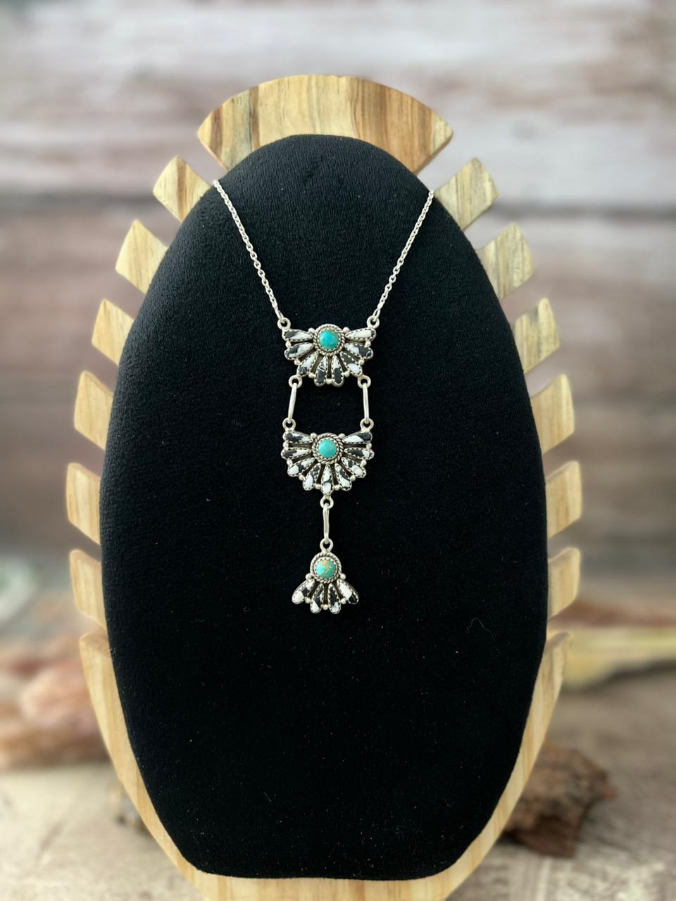 Handmade Sterling Silver White Buffalo with Kingman Turquoise Necklace "Signed Nizhoni"