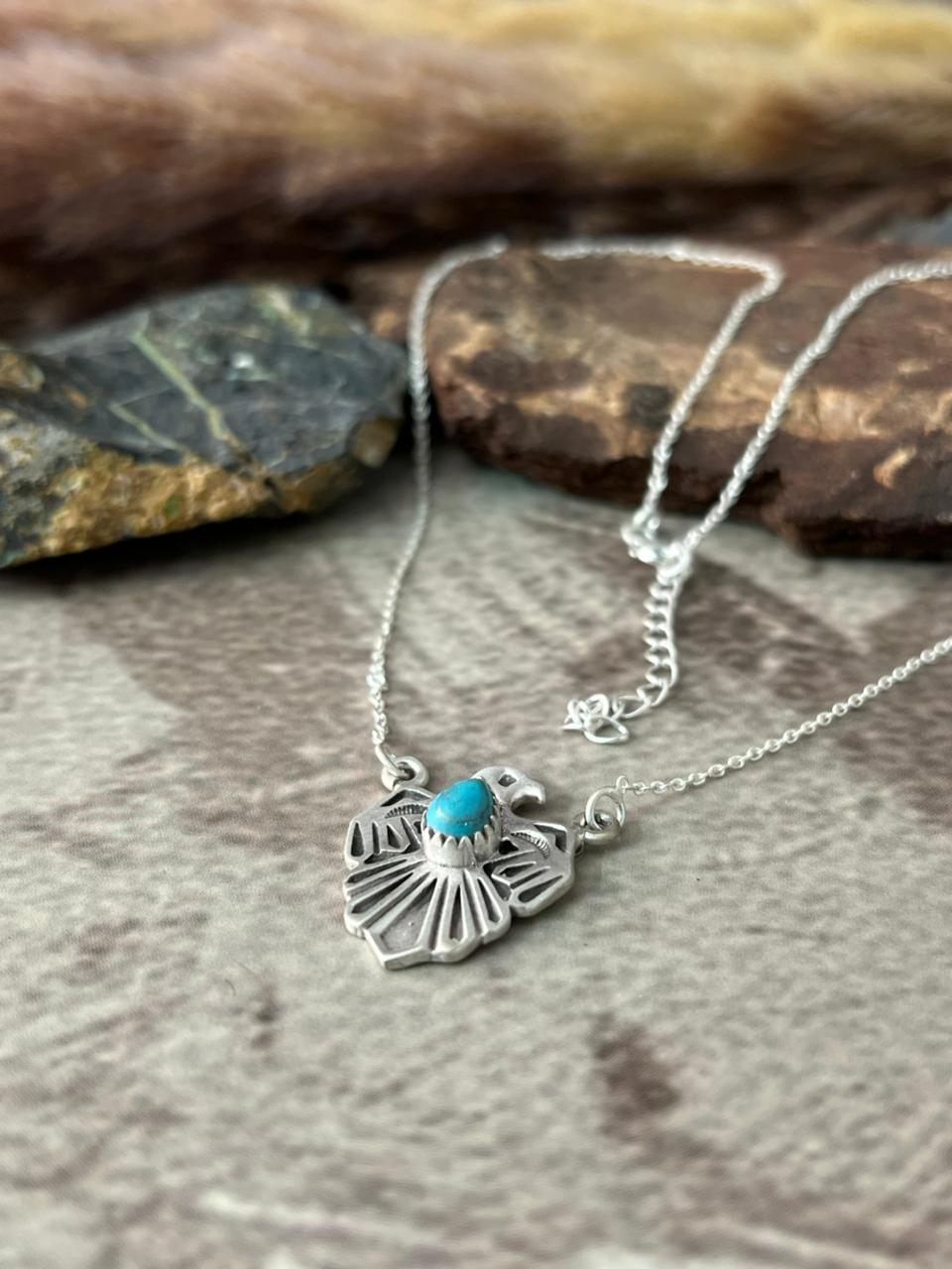 Handmade Sterling Silver Kingman Turquoise Thunder Bird Necklace "Signed Nizhoni"