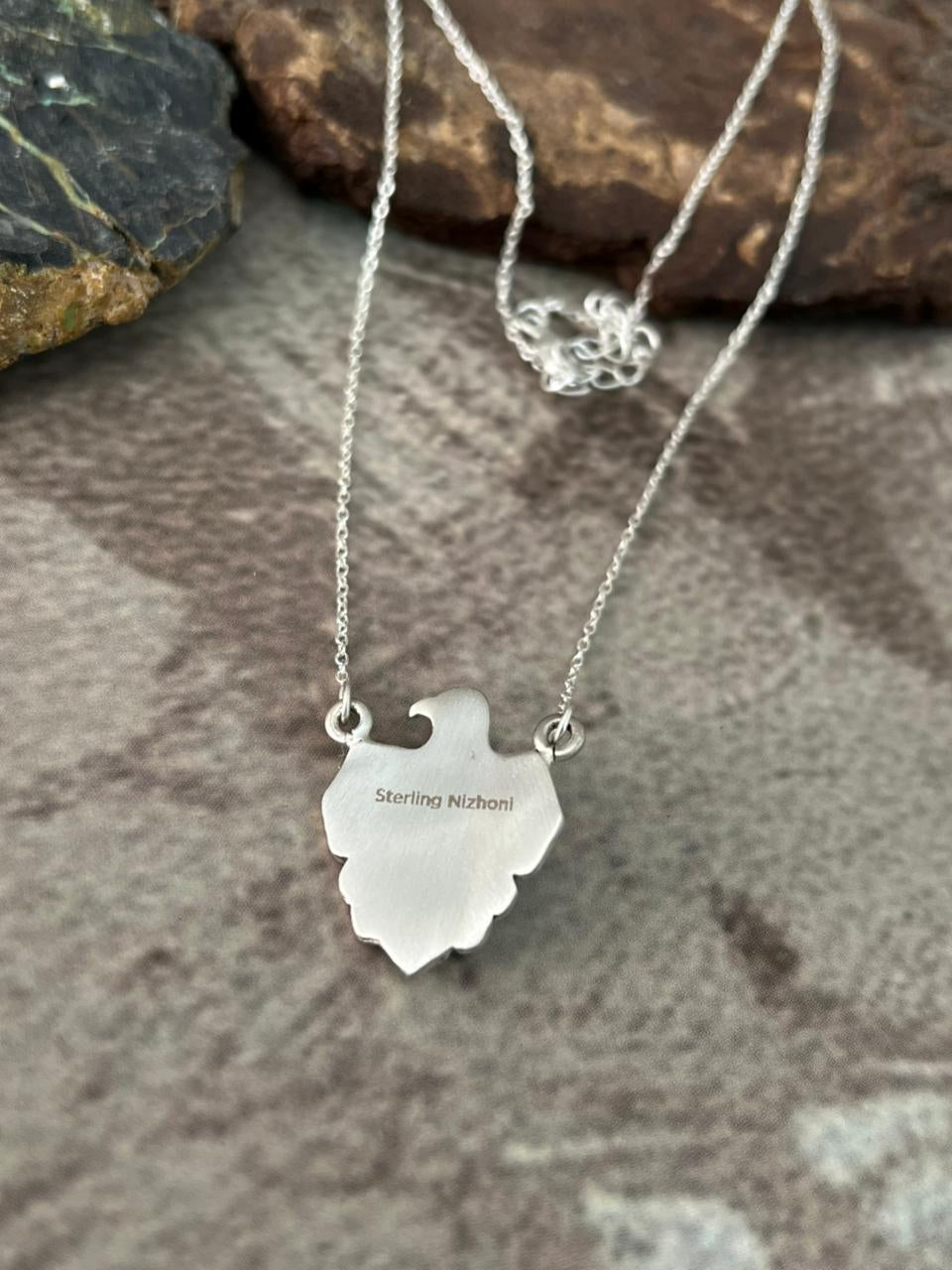 Handmade Sterling Silver Kingman Turquoise Thunder Bird Necklace "Signed Nizhoni"
