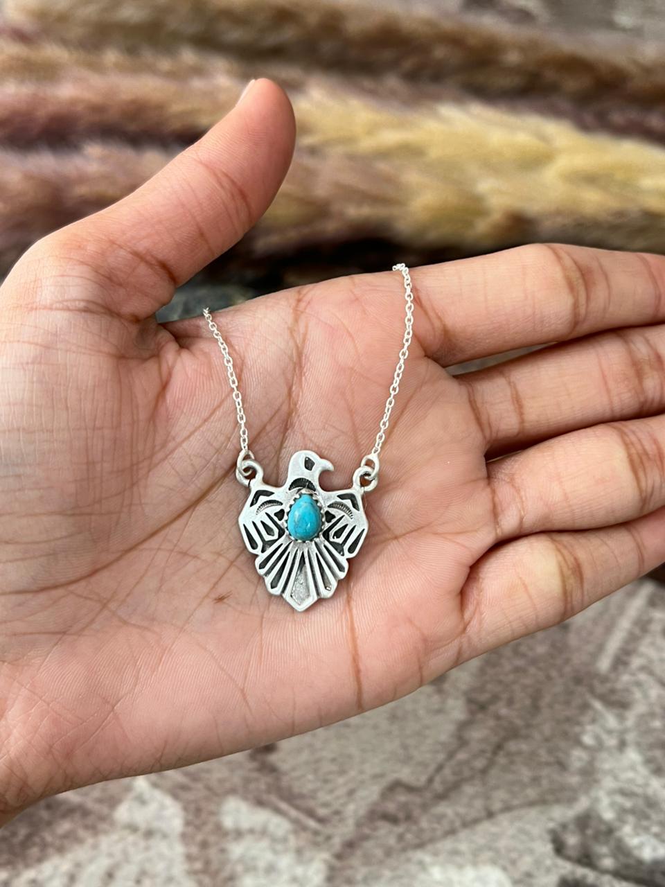 Handmade Sterling Silver Kingman Turquoise Thunder Bird Necklace "Signed Nizhoni"