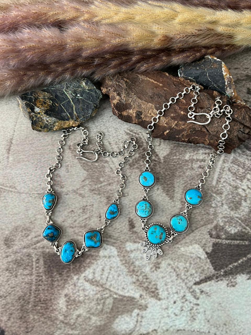 Handmade Sterling Silver Blue Kingman Turquoise Necklace "Signed Nizhoni"
