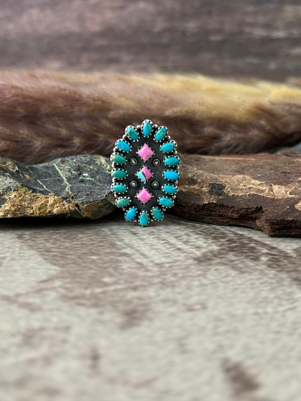 Handmade Sterling Silver Kingman Turquoise with Cotton Candy Adjustable Ring "Signed Nizhoni"