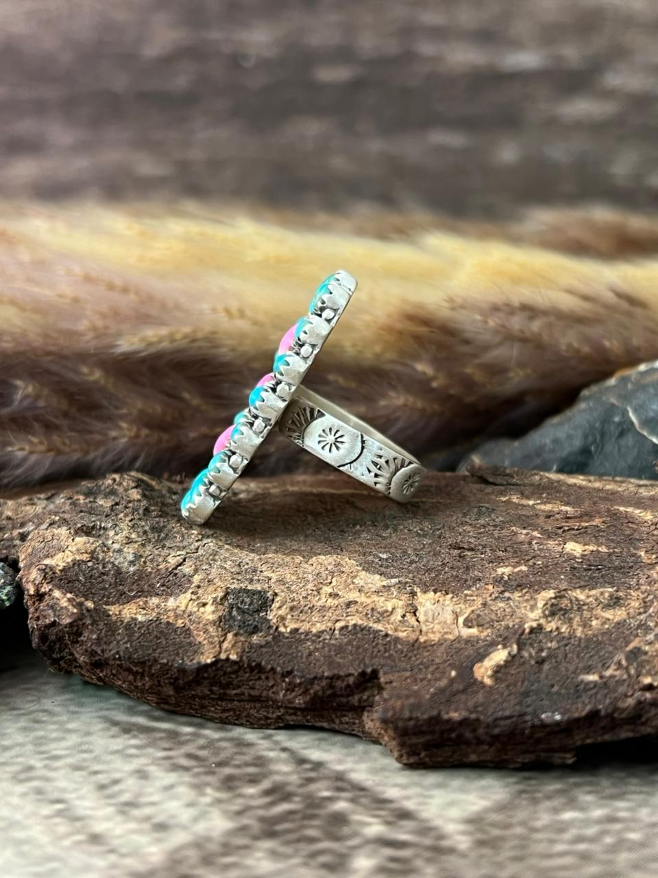 Handmade Sterling Silver Kingman Turquoise with Cotton Candy Adjustable Ring "Signed Nizhoni"