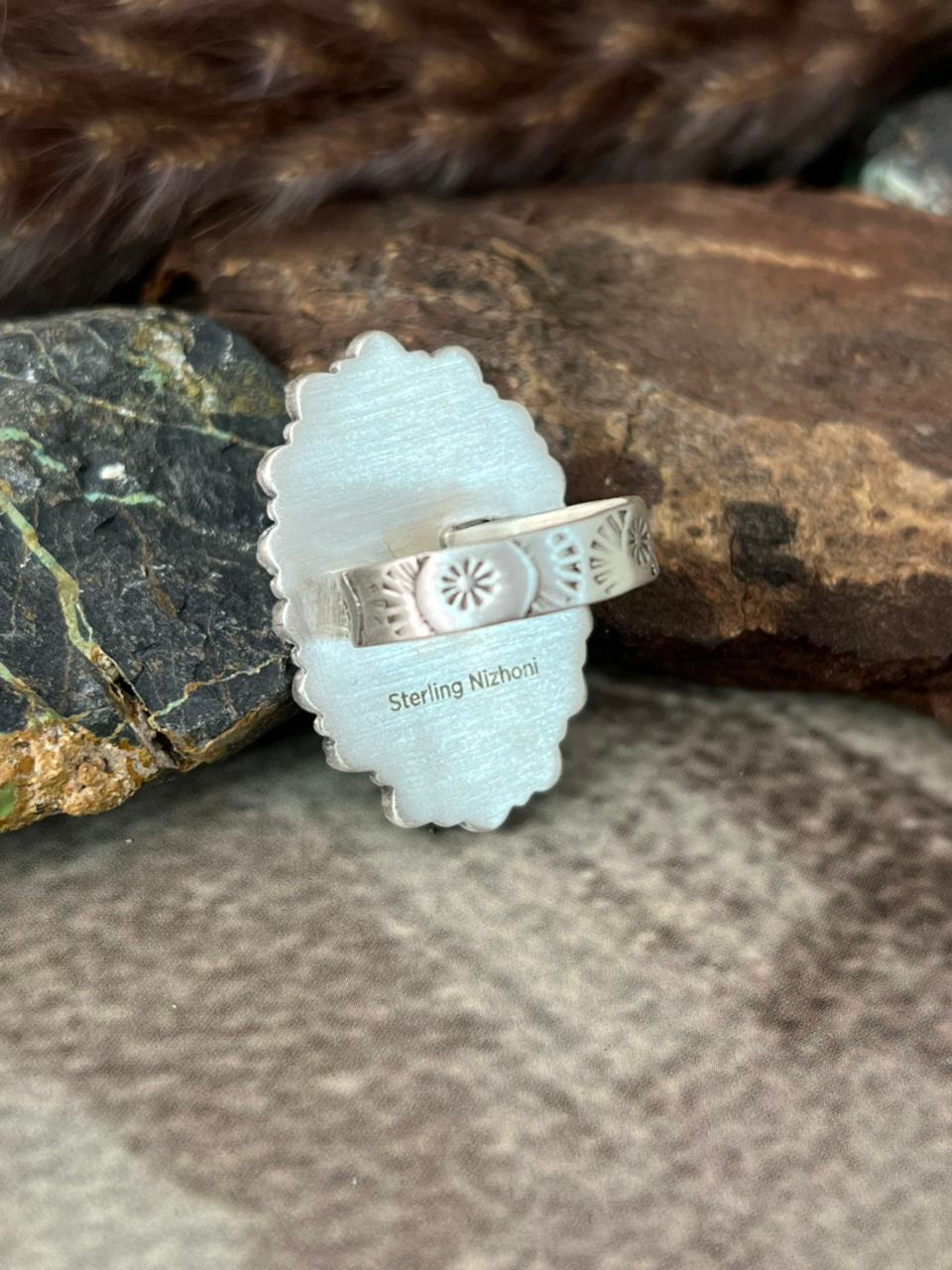 Handmade Sterling Silver Kingman Turquoise with Cotton Candy Adjustable Ring "Signed Nizhoni"