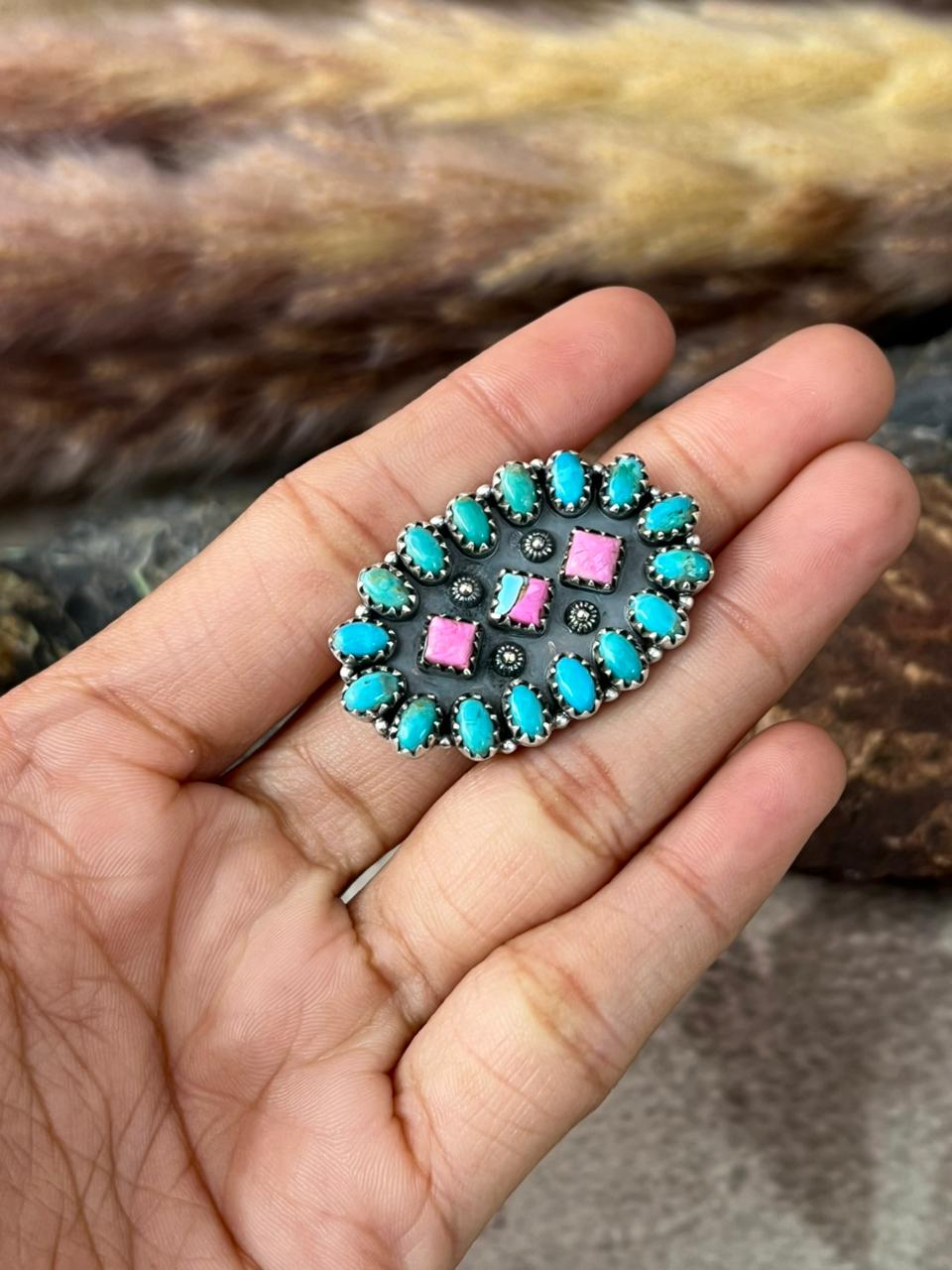 Handmade Sterling Silver Kingman Turquoise with Cotton Candy Adjustable Ring "Signed Nizhoni"