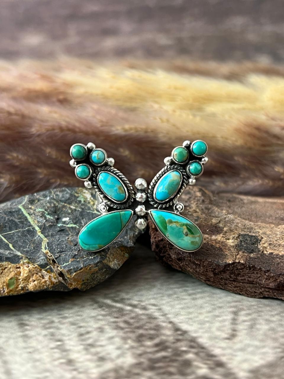 Handmade Sterling Silver Kingman Turquoise Adjustable Butterfly Ring "Signed Nizhoni"