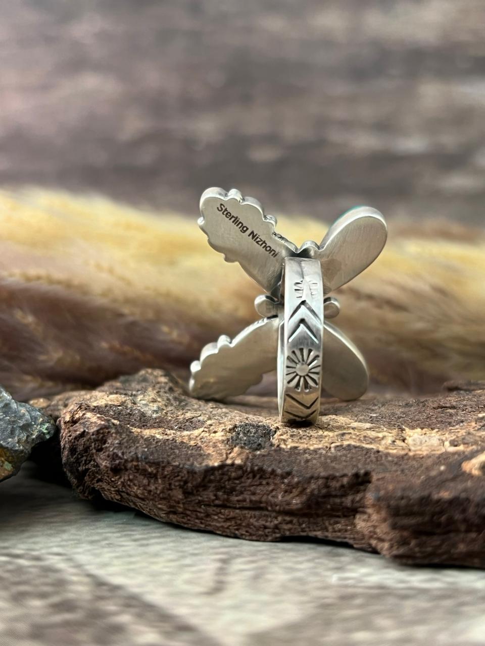 Handmade Sterling Silver Kingman Turquoise Adjustable Butterfly Ring "Signed Nizhoni"