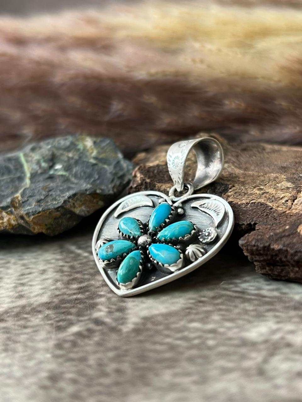 Handmade Sterling Silver Kingman Turquoise Heart Pendant "Signed Nizhoni"