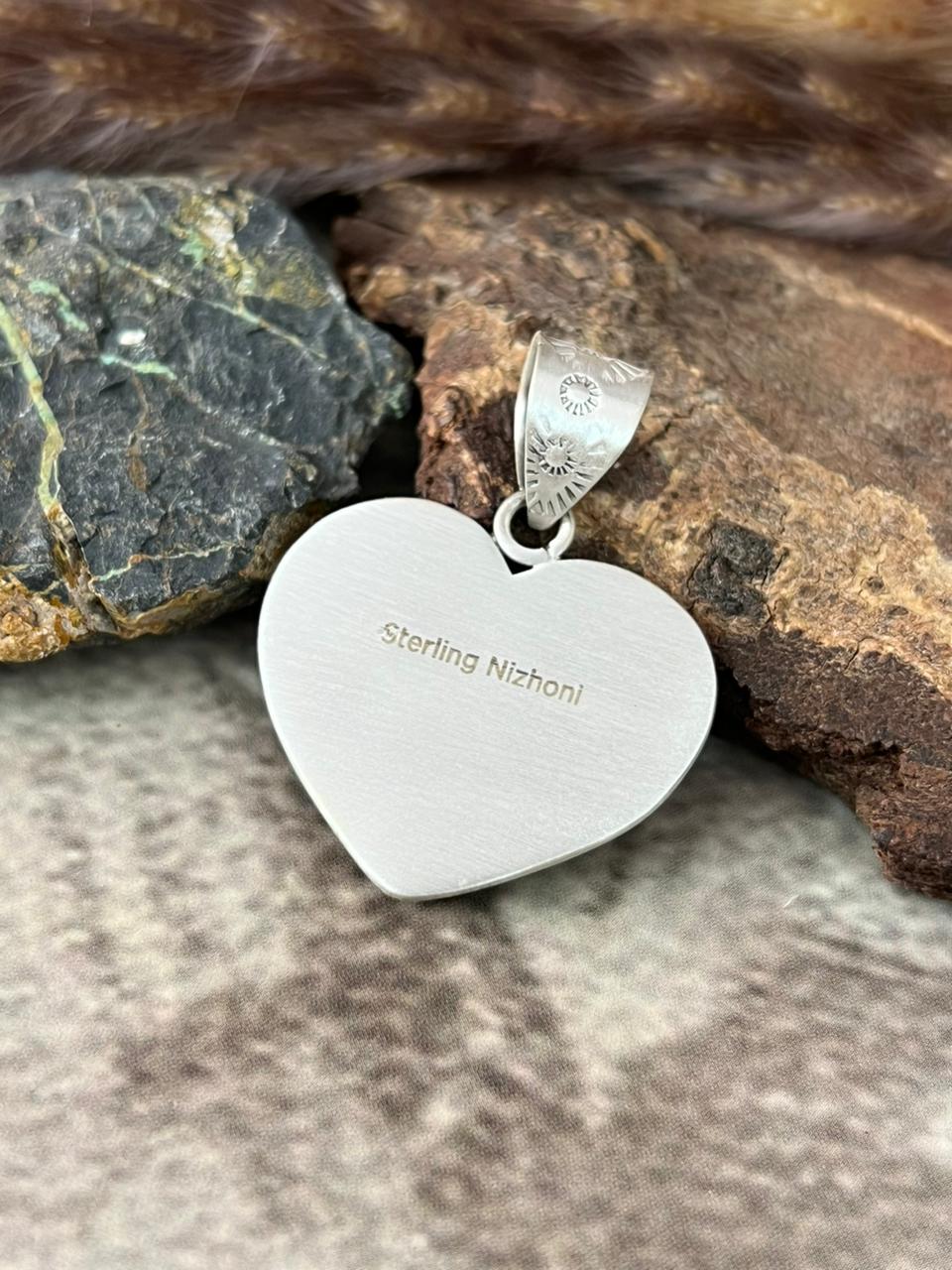 Handmade Sterling Silver Kingman Turquoise Heart Pendant "Signed Nizhoni"