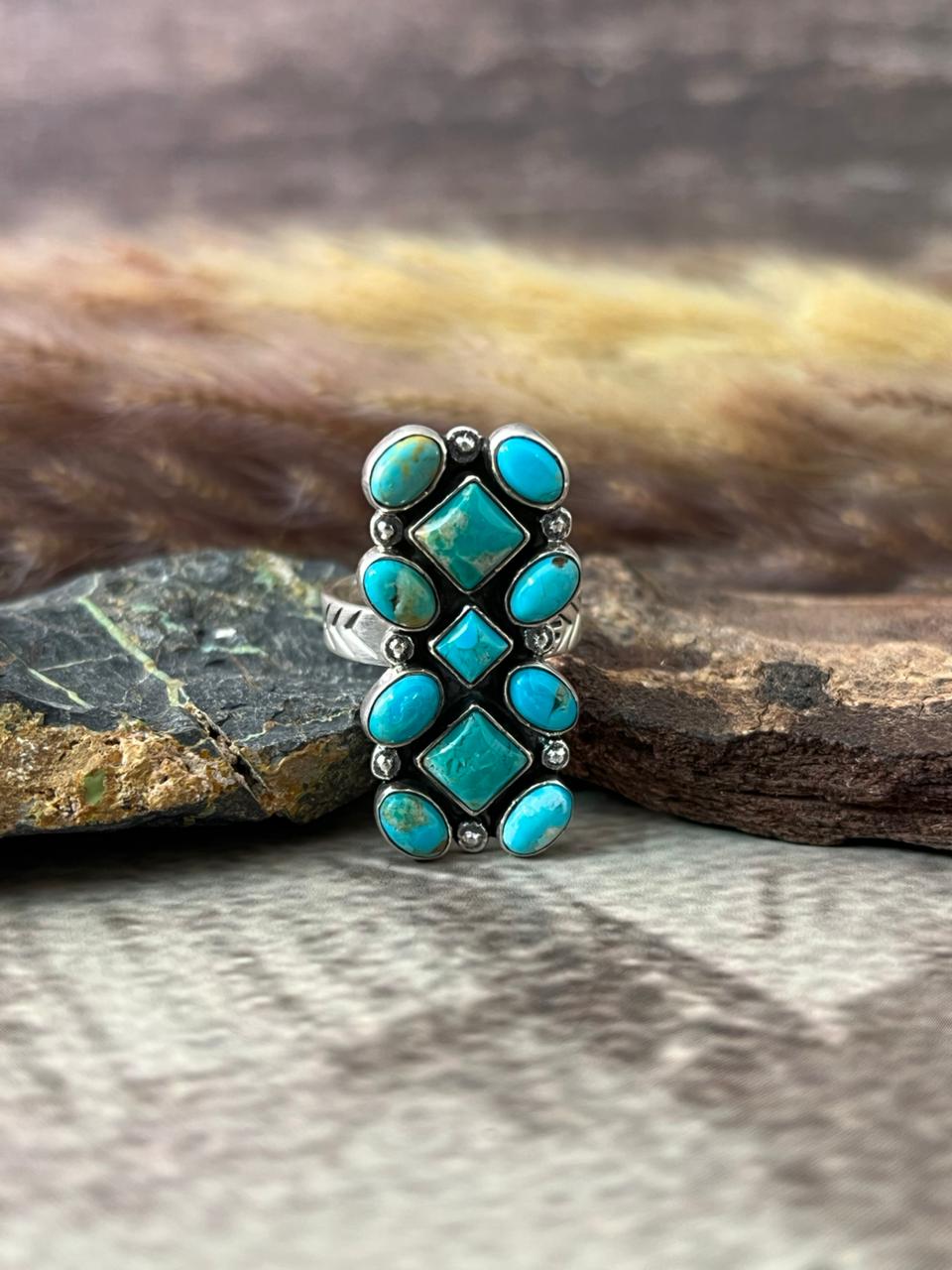 Handmade Sterling Silver Kingman Turquoise Adjustable Ring "Signed Nizhoni"