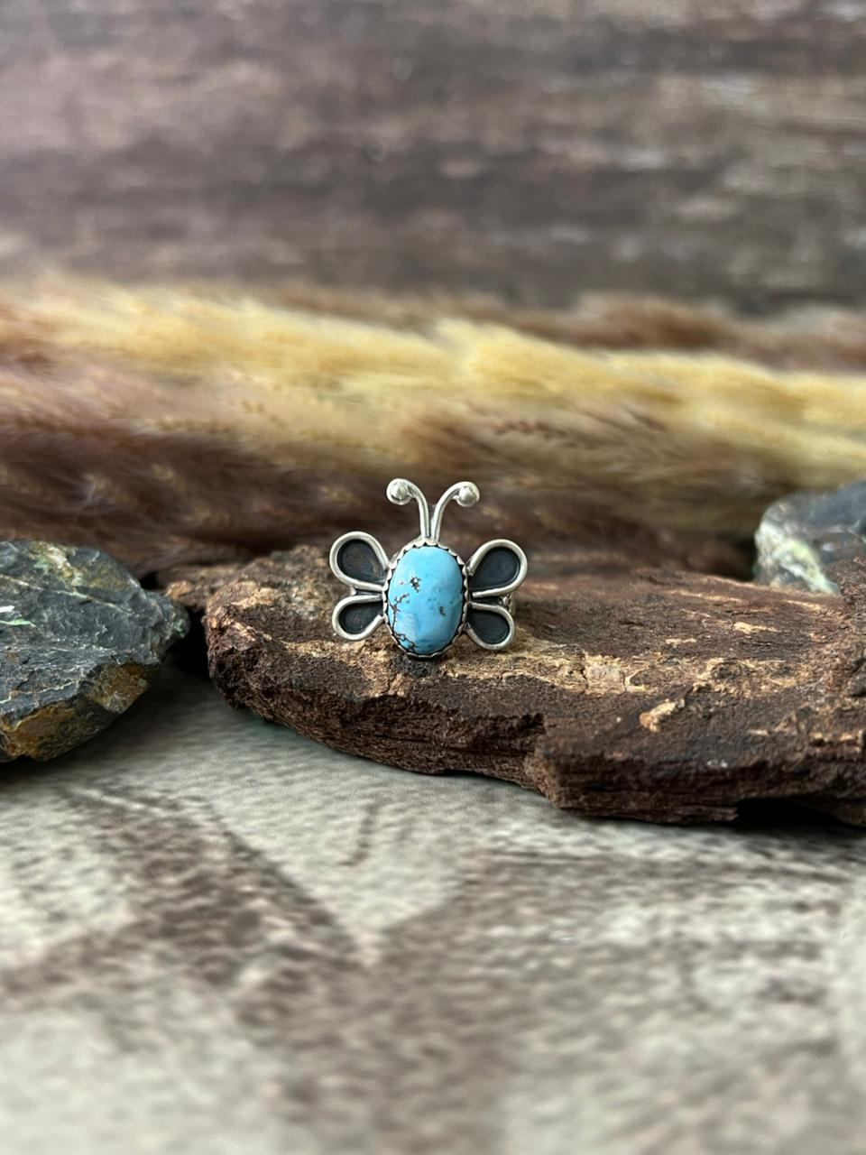 Handmade Sterling Silver Golden Hills Turquoise Butterfly Adjustable Ring "Signed Nizhoni"