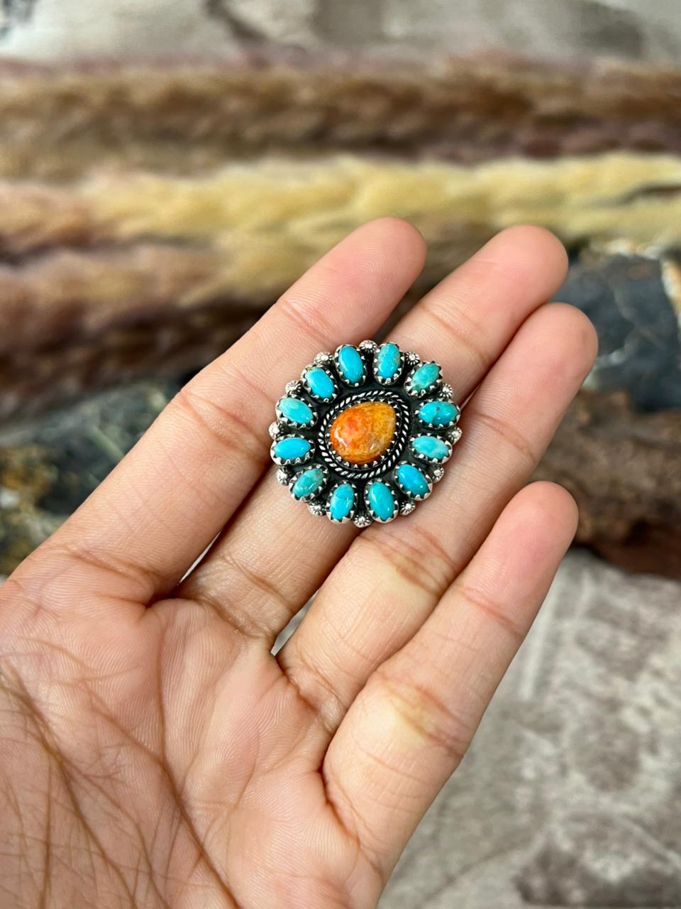 Handmade Sterling Silver Kingman with Orange Mojave Adjustable Ring "Signed Nizhoni"