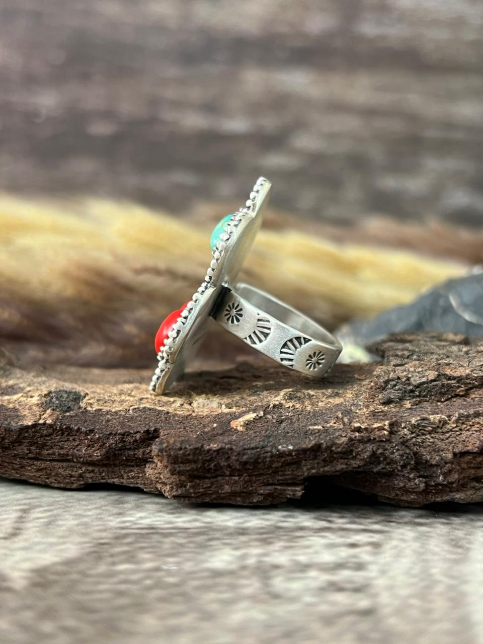 Handmade Sterling Silver Rosarita with Kingman Turquoise Adjustable Cherry Ring "Signed Nizhoni"