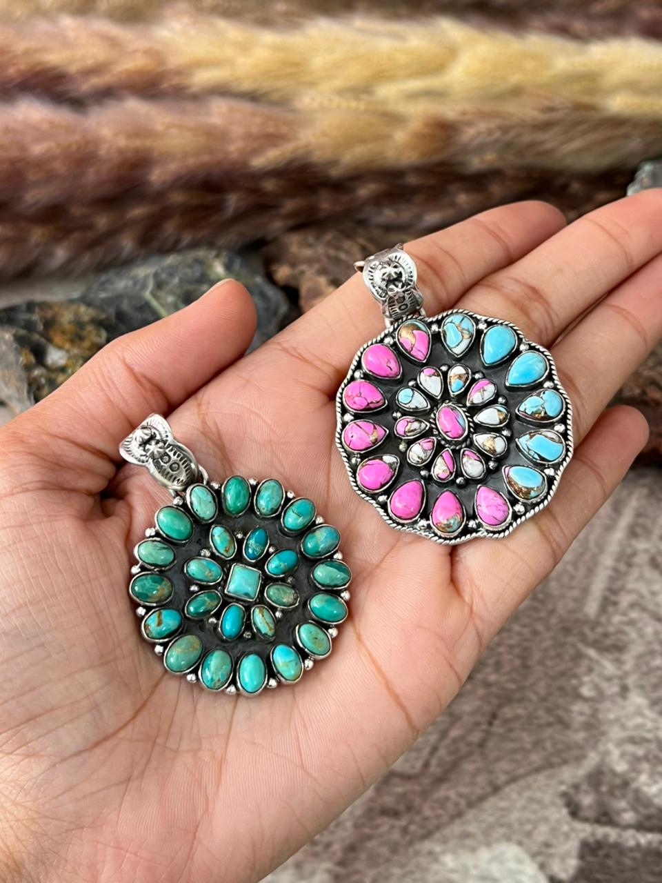 Handmade Sterling Silver Cotton Candy and Kingman Turquoise Pendant "Signed Nizhoni"
