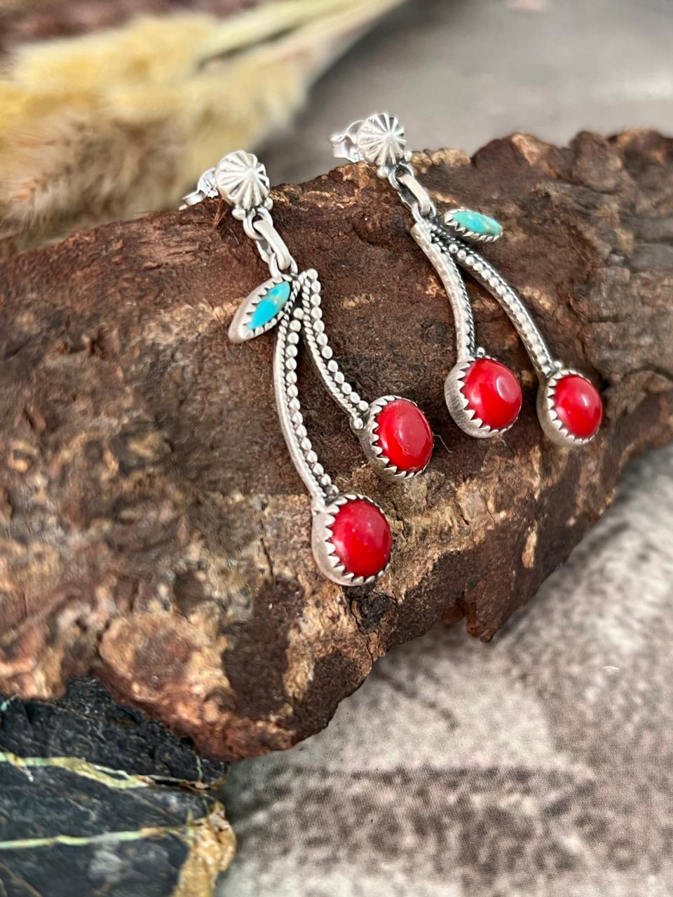Handmade Sterling Silver Rosarita with Kingman Turquoise Post Cherry Earrings "Signed Nizhoni"