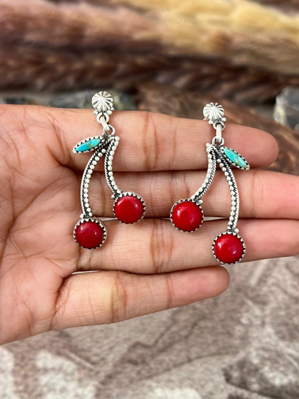 Handmade Sterling Silver Rosarita with Kingman Turquoise Post Cherry Earrings "Signed Nizhoni"