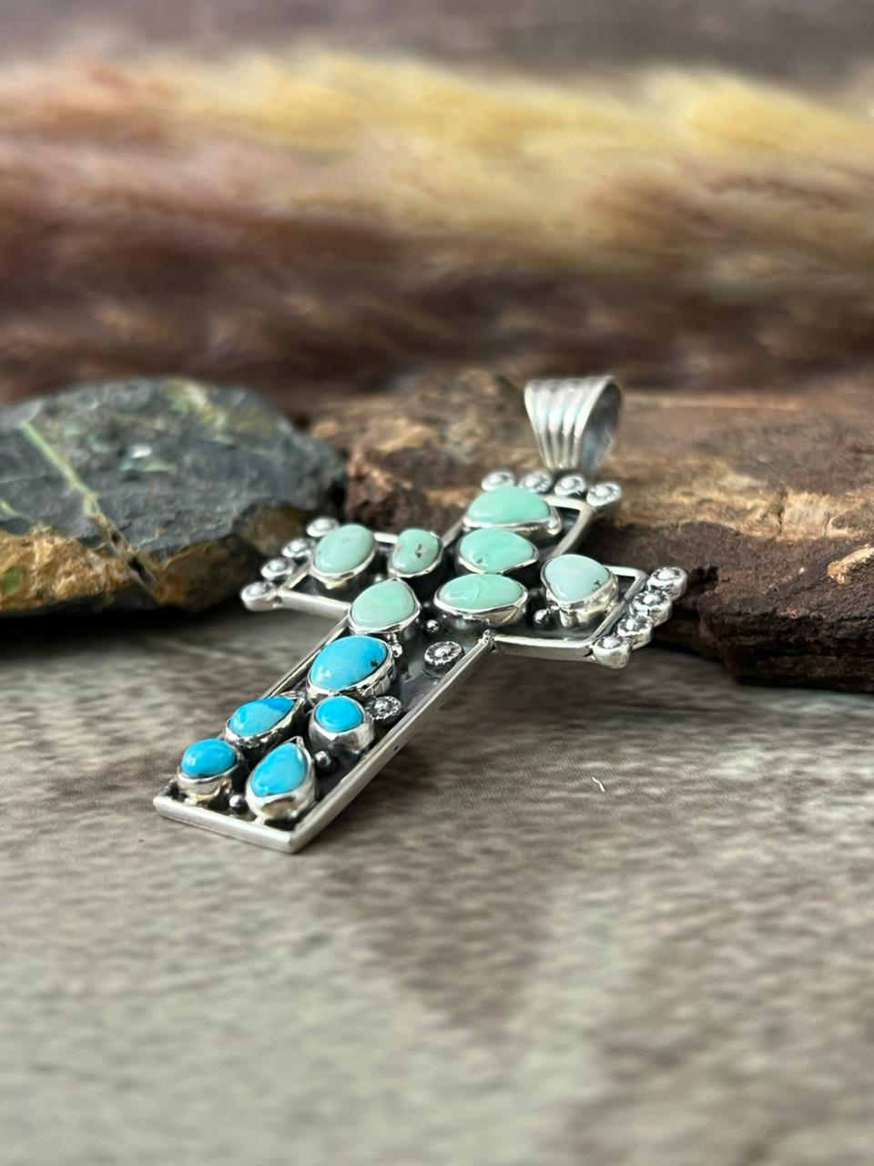 Handmade Sterling Silver White Water with Palomino Turquoise Cross Pendant "Signed Nizhoni"