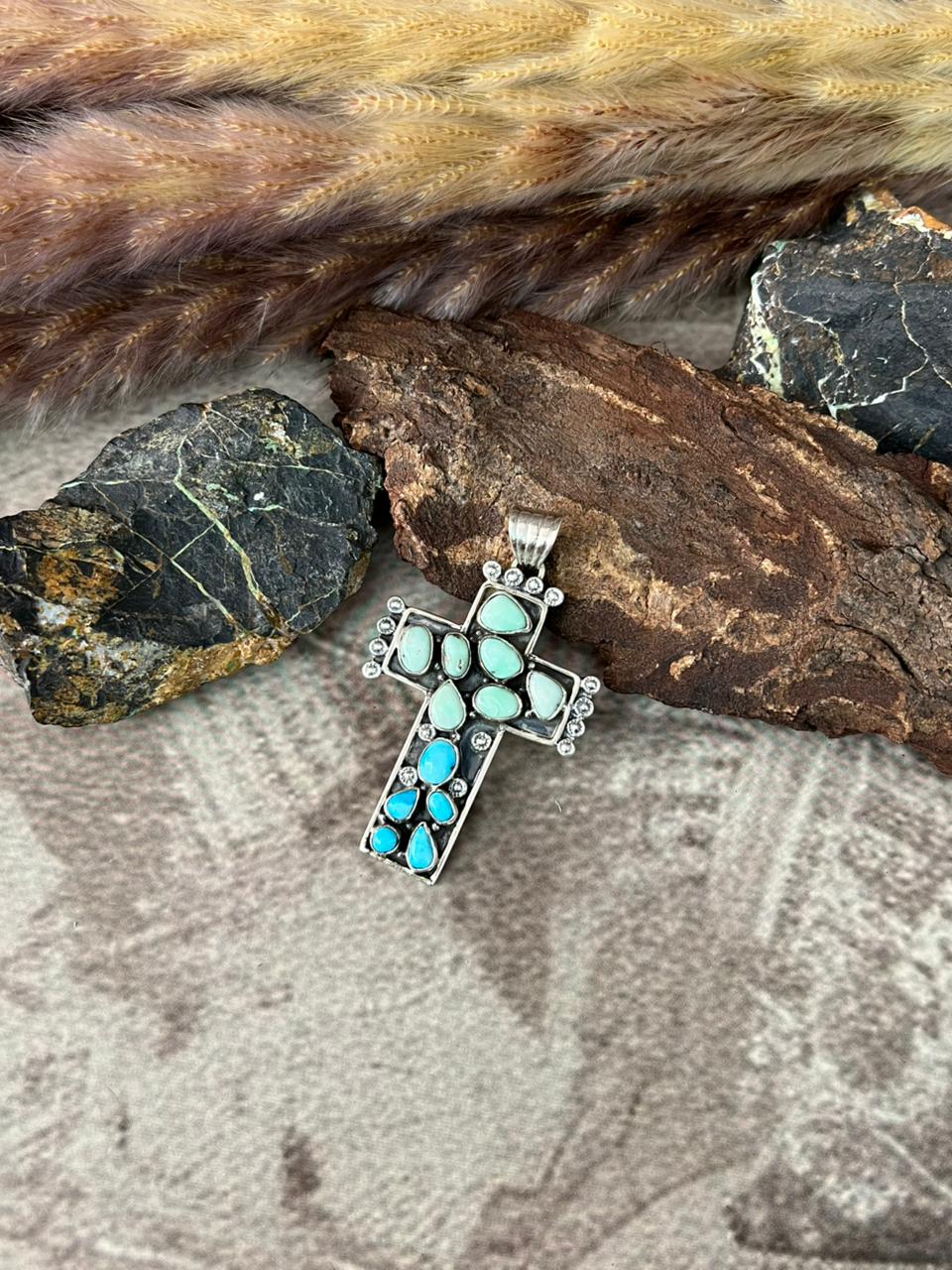Handmade Sterling Silver White Water with Palomino Turquoise Cross Pendant "Signed Nizhoni"