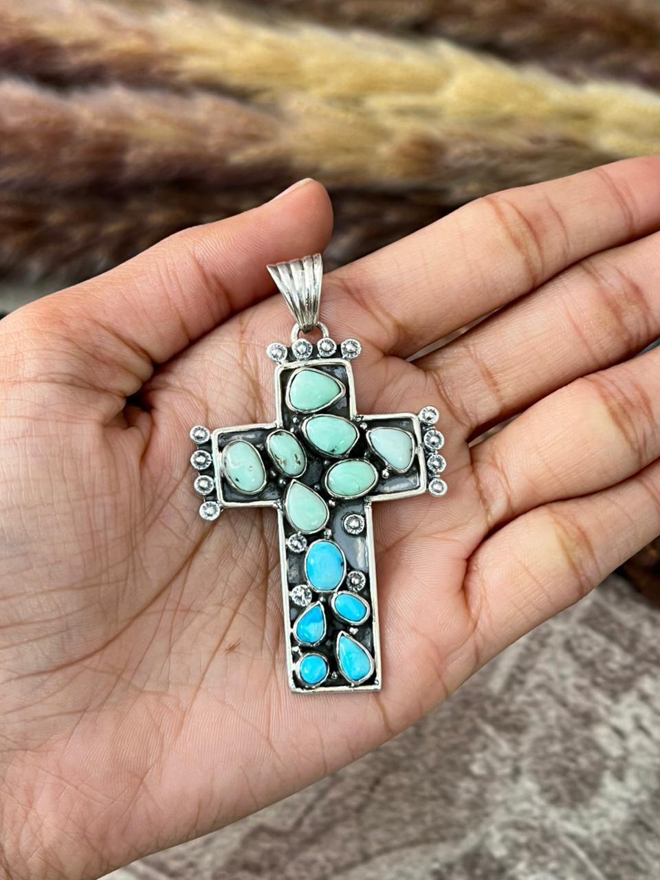 Handmade Sterling Silver White Water with Palomino Turquoise Cross Pendant "Signed Nizhoni"