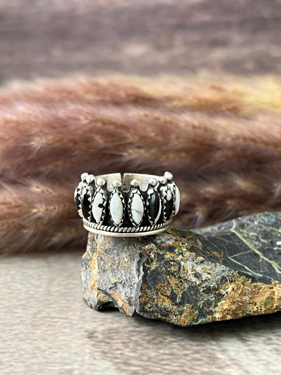 Handmade Sterling Silver White Buffalo Adjustable Ring "Signed Nizhoni"