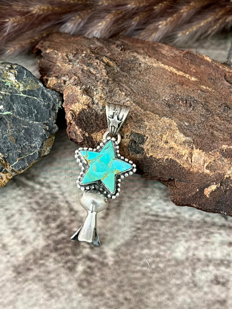 Handmade Sterling Silver Kingman Turquoise Star Pendant "Signed Nizhoni"