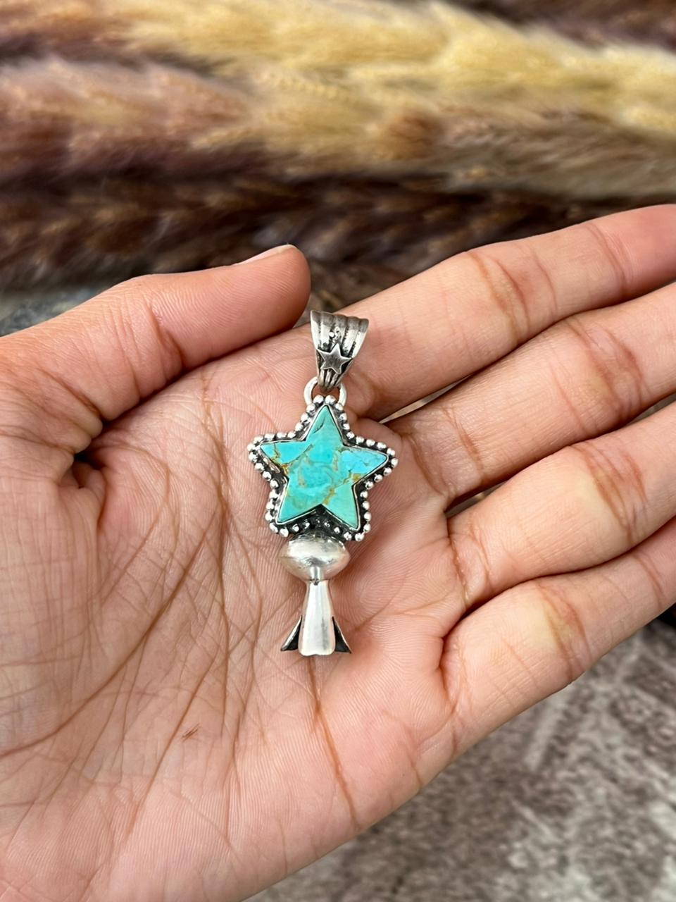 Handmade Sterling Silver Kingman Turquoise Star Pendant "Signed Nizhoni"