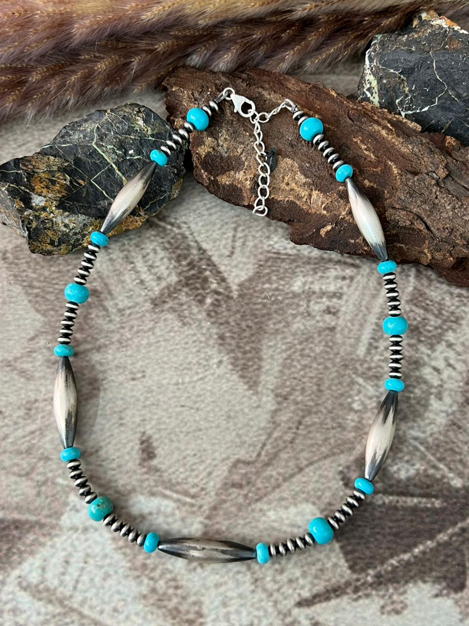 Handmade Sterling Silver Kingman Turquoise Beaded Necklace "Signed Nizhoni"