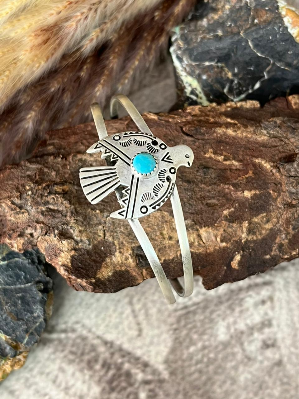 Handmade Sterling Silver Kingman Turquoise Thunder Bird Cuff Bracelet "Signed Nizhoni"