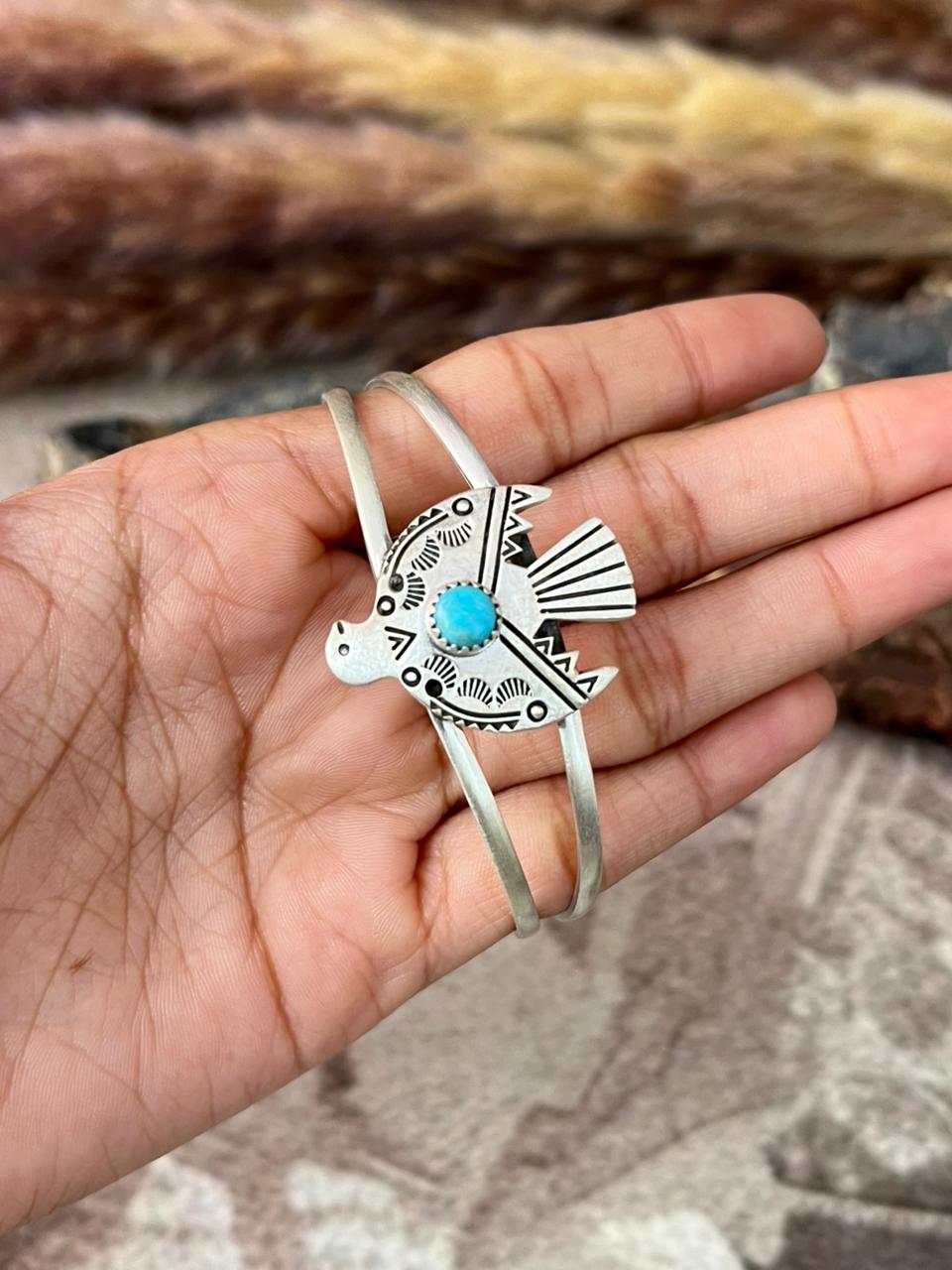 Handmade Sterling Silver Kingman Turquoise Thunder Bird Cuff Bracelet "Signed Nizhoni"