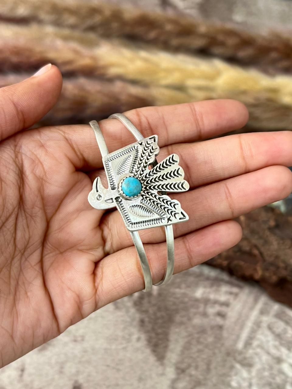 Handmade Sterling Silver Kingman Turquoise Thunder Bird Cuff Bracelet "Signed Nizhoni"