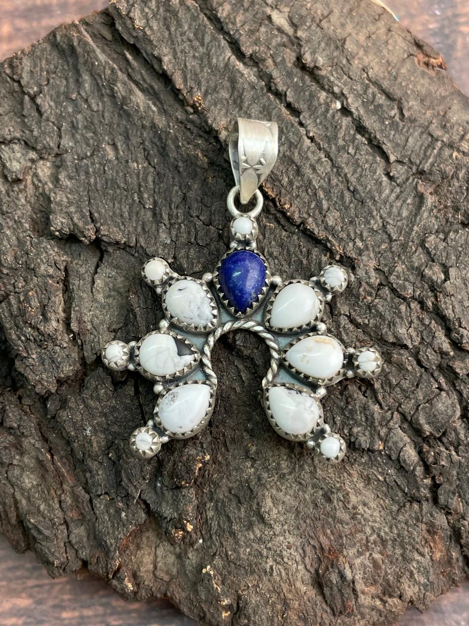 Handmade Sterling Silver Lapis with White Buffalo Pendant "Signed Nizhoni"