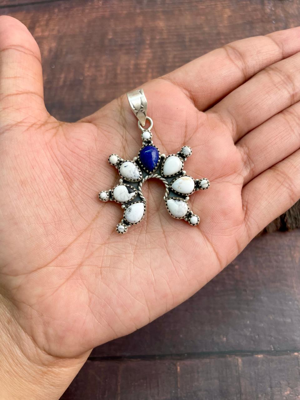 Handmade Sterling Silver Lapis with White Buffalo Pendant "Signed Nizhoni"