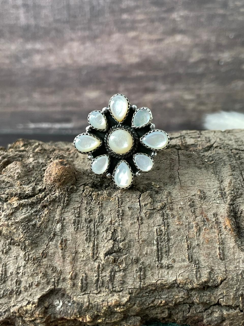Handmade Sterling Silver Wedding Collection: Mother of Pearl Adjustable Ring "Signed Nizhoni"