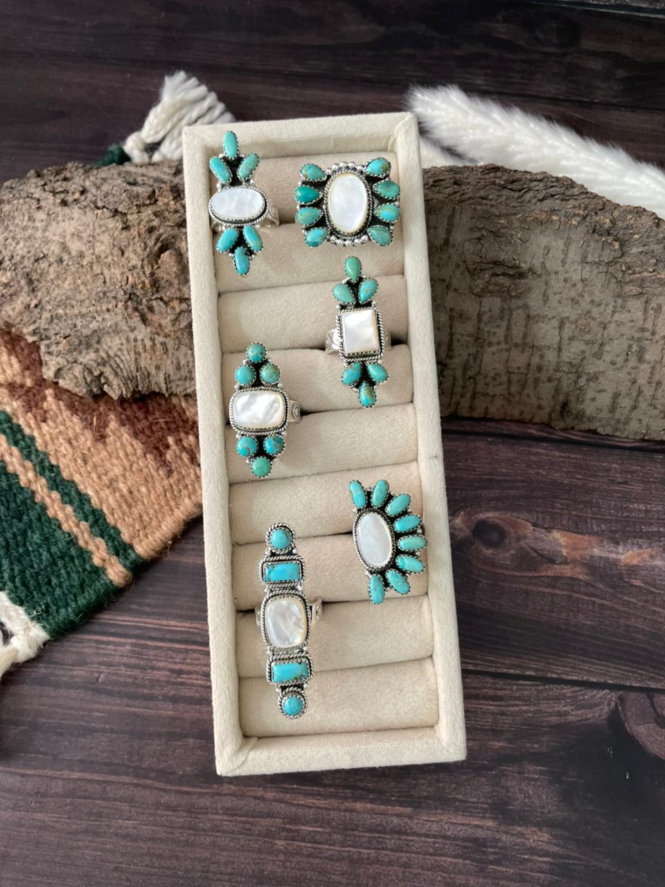 Handmade Sterling Silver Wedding Collection: Mother of Pearl with Kingman Turquoise Adjustable Ring "Signed Nizhoni"