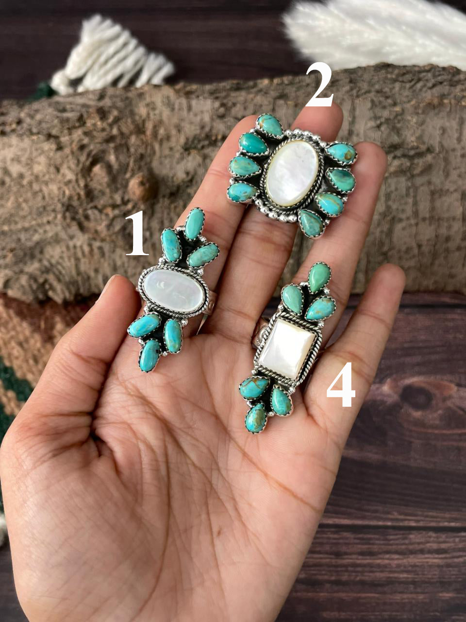 Handmade Sterling Silver Wedding Collection: Mother of Pearl with Kingman Turquoise Adjustable Ring "Signed Nizhoni"