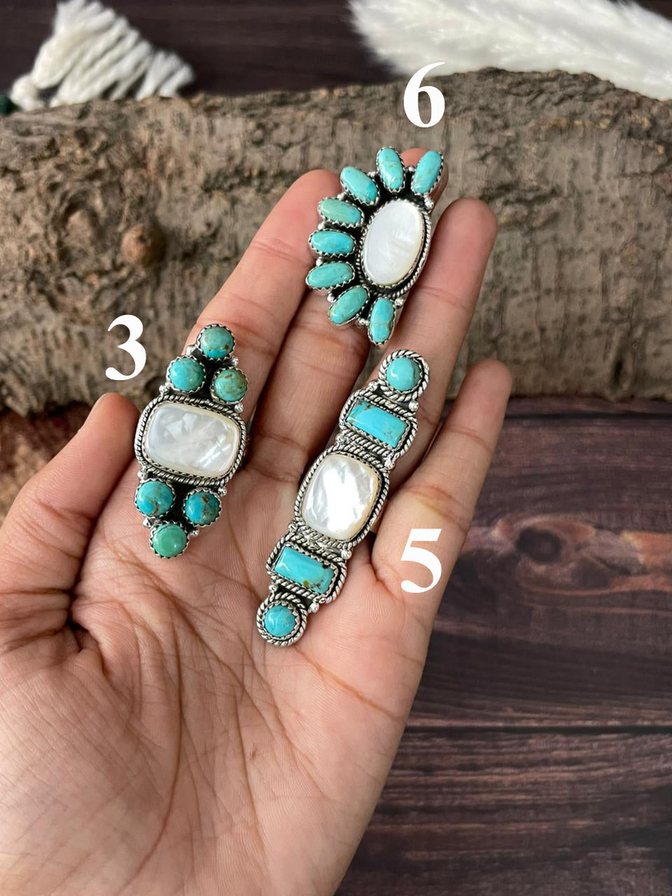 Handmade Sterling Silver Wedding Collection: Mother of Pearl with Kingman Turquoise Adjustable Ring "Signed Nizhoni"