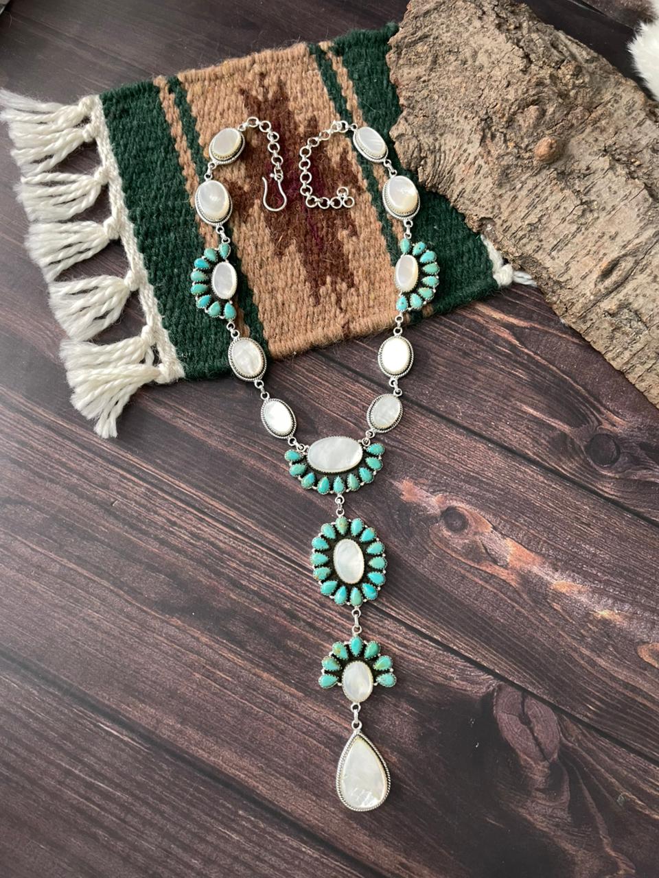 Handmade Sterling Silver Wedding Collection: Mother of Pearl with Kingman Turquoise "Signed Nizhoni"