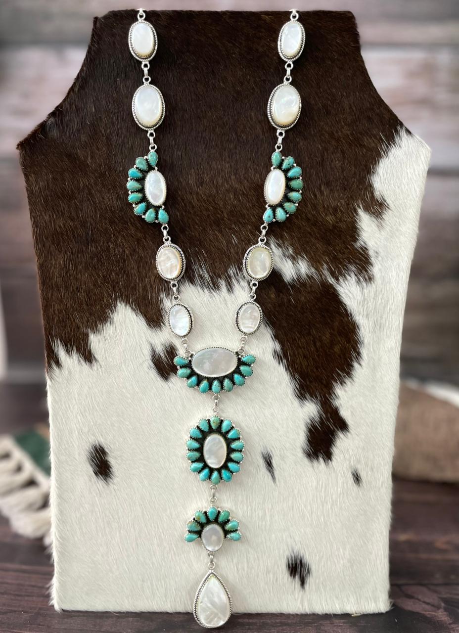 Handmade Sterling Silver Wedding Collection: Mother of Pearl with Kingman Turquoise "Signed Nizhoni"