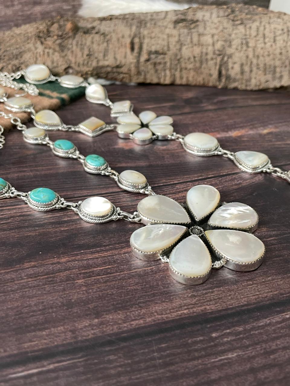 Handmade Sterling Silver Wedding Collection: Mother of Pearl with Kingman Turquoise Necklace "Signed Nizhoni"