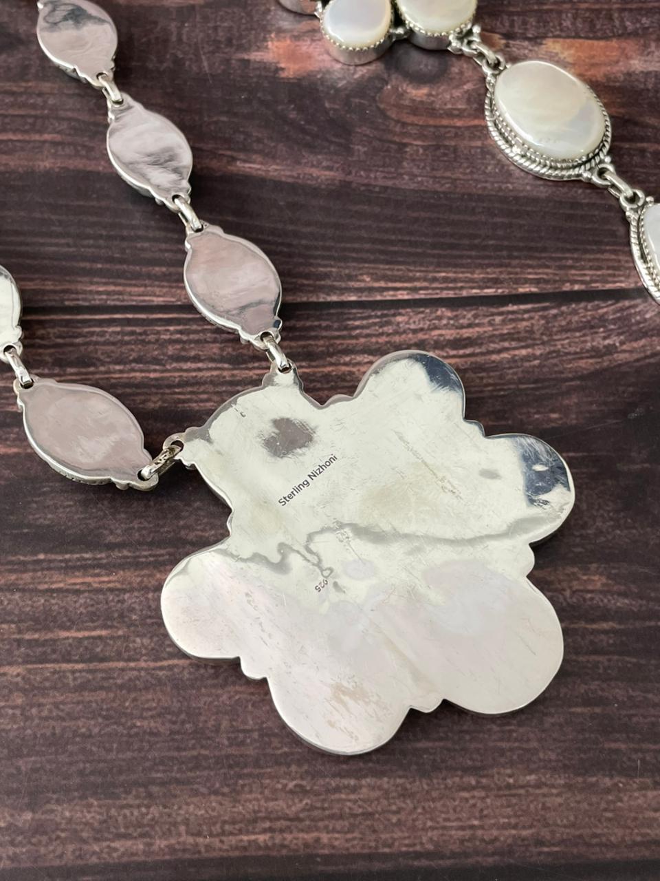 Handmade Sterling Silver Wedding Collection: Mother of Pearl with Kingman Turquoise Necklace "Signed Nizhoni"
