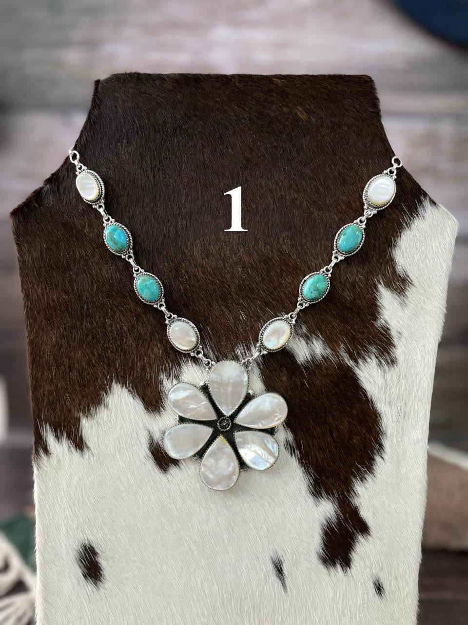 Handmade Sterling Silver Wedding Collection: Mother of Pearl with Kingman Turquoise Necklace "Signed Nizhoni"